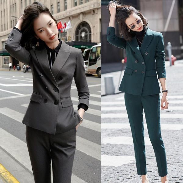 

women's two piece pants formal ladies grey blazer women business suits with pant and jacket sets work wear office uniform styles elegan, White