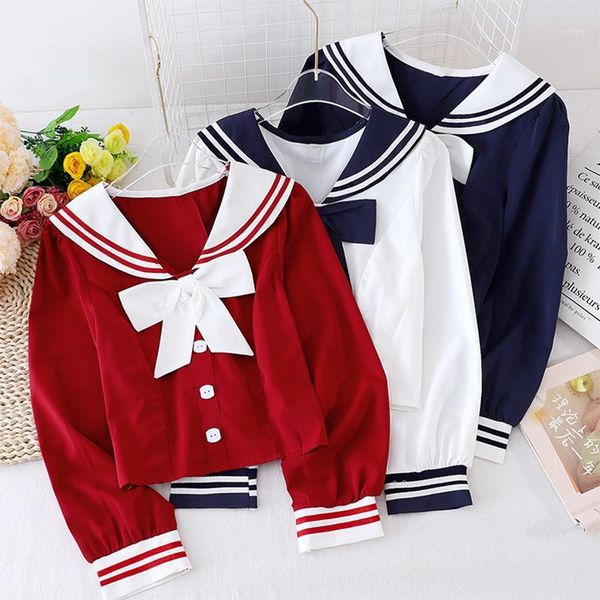 

2020 new korean college style short sailor collar long sleeve loose women's short shirt blouse spring and autumn all match1, White