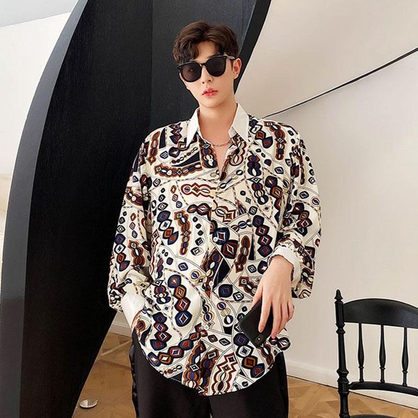 

men's casual shirts male streetwear loose dress shirt stage clothing men spring summer retro pattern print fashion long sleeve, White;black