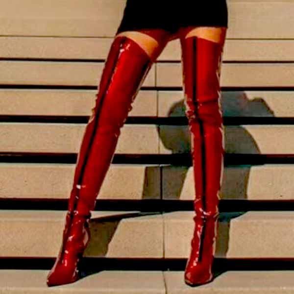 

women red patent leather over the knee boots thin high heels pointed toe thigh boots black vertical stripe knight
