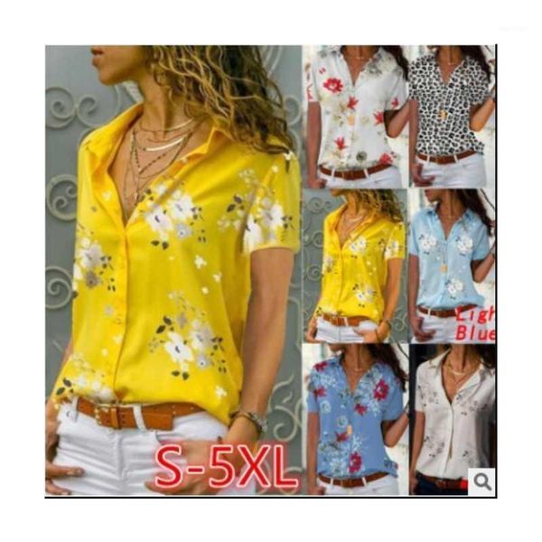 

womens v-neck short-sleeved printed chiffon blouse buttoned casual ladies1, White