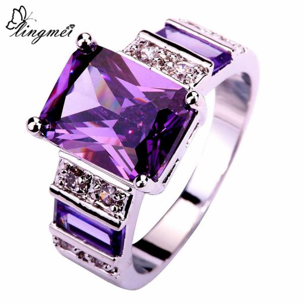 

lingmei popular gorgeous jewelry fashion purple white cz silver color ring women rings size 6-10 11 12 13 wholesale, Golden;silver