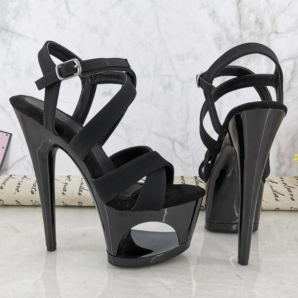 

leecabe black pu stripe style high heel sandals 17cm/7inches model shoes pole dance shoes1
