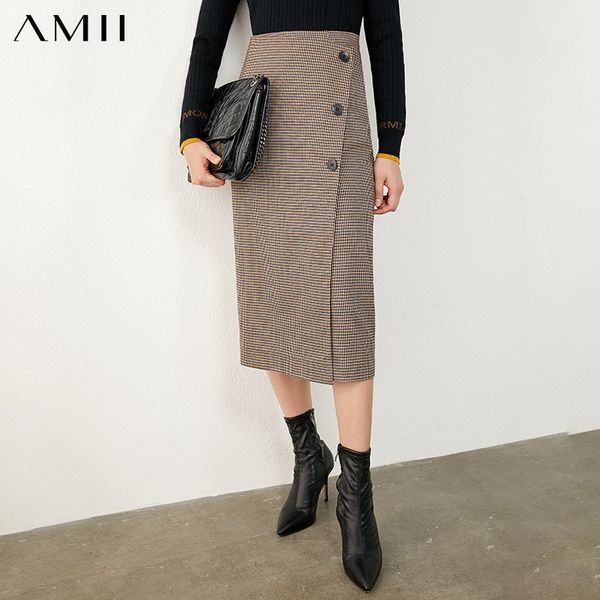 

amii minimalism autumn vintage women's skirt olstyle fashion plaid aline skirt high waist calf-length female skirt 12070346 1014, Black