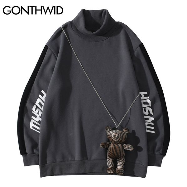 

pullover sweatshirts with toy bear streetwear hip hop color block patchwork hoodies men harajuku fashion casual outwear, Black
