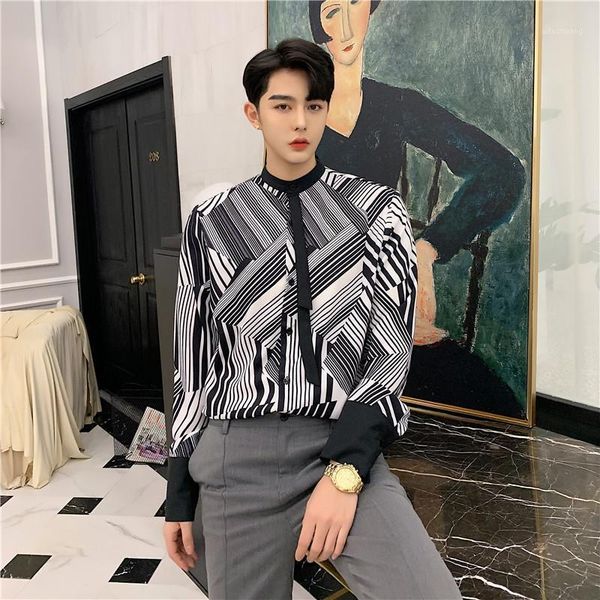 

men fashion black white striped bow tie business casual long sleeve shirt male streetwear hip hop party dress shirts1, White;black