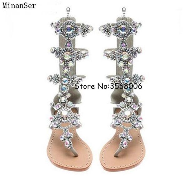 

boots handmade rhinestone lady knee high summer gladiator designed crystal flats sandal shoes open toe plus size 131, Black