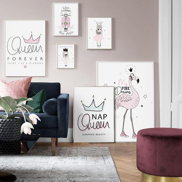 

pink flamingo girl princess queen crown canvas posters and prints nursery cartoon wall art nordic painting for kids room decor