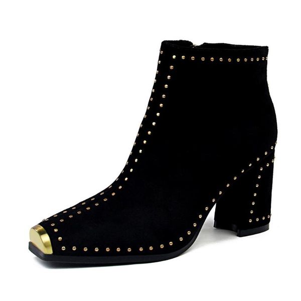 

boots meriahzheng nightclub rock trend chunky heel suede metal riveting nail women's ankle ds-6862, Black
