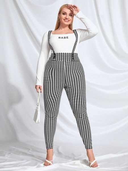 

plus houndstooth print overall jumpsuit without tee g9i2#, Black;gray