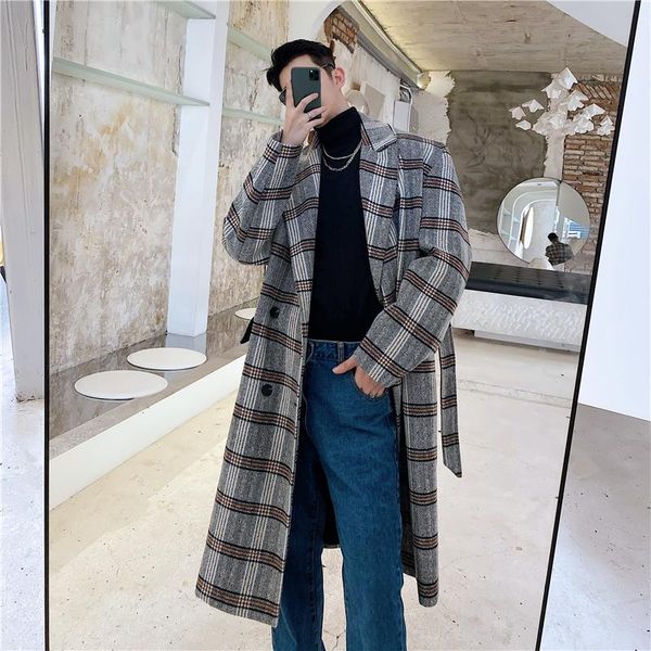 

men's wool & blends male women streetwear jacket outerwear men autumn winter double breasted belt casual loose plaid long trench coat o, Black