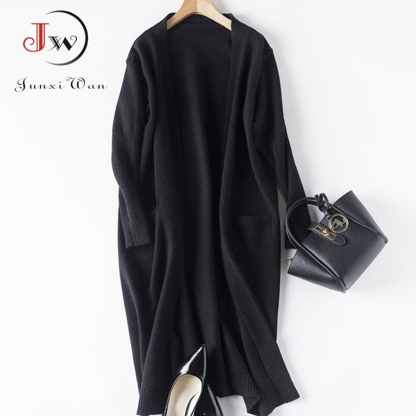 

black cardigan women knitted long sweater elegant autumn winter warm coat pull femme casaco feminino 201202, White;black