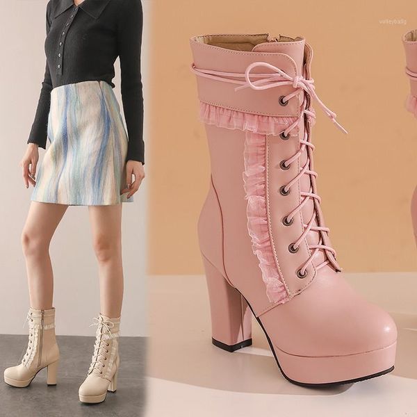 

ymechic fashion winter party wedding white pink black high heels women shoes platform ruffles lace up biker ankle boots big size1