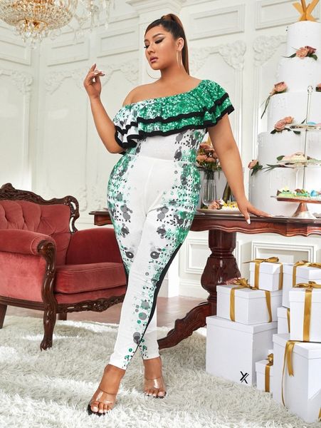 

x diamondsize plus graphic print ruffle trim jumpsuit h8pw#, Black