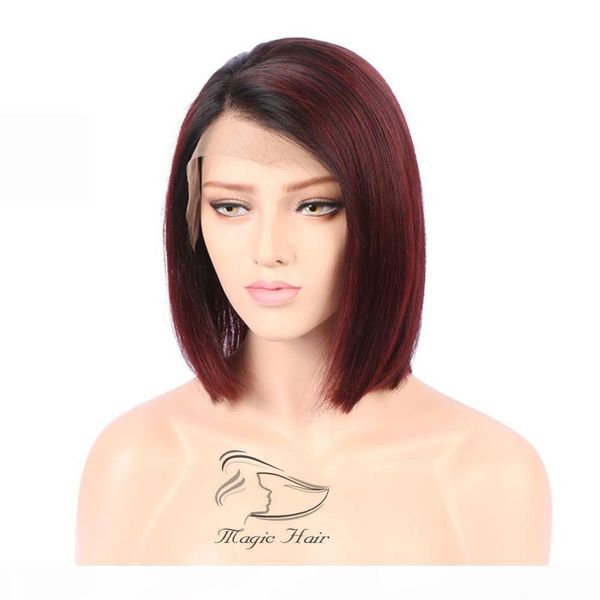 

full lace human hair wigs brazilian short human hair ombre color 1b 99j# straight lace front human hair wigs, Black;brown