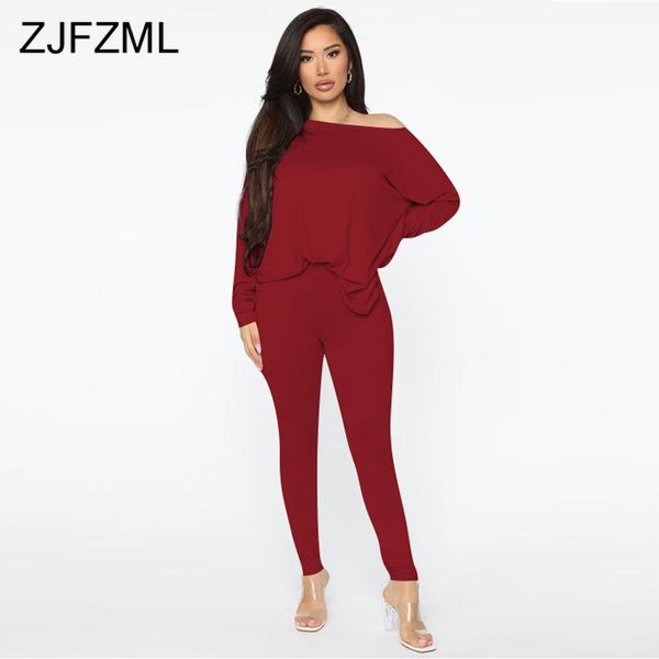 

open back solid casual two piece set women 2021 off the shoulder long sleeve loose tshirts and pencil legging elegant tracksuits c0123, Gray