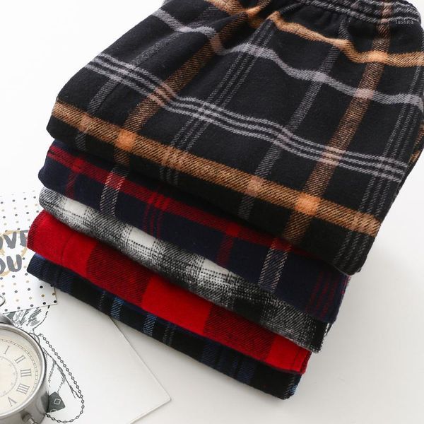 

2020 new autumn and winter men's plaid pajamas thickened warmth cotton brushed pajamas plus size flannel home pants pajama pants1, Black;brown