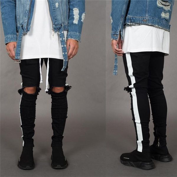 

denim pencil pants men's skinny hole high street hip hop jeans men's fashion new cotton slim quality jeans size s-3xl, Blue