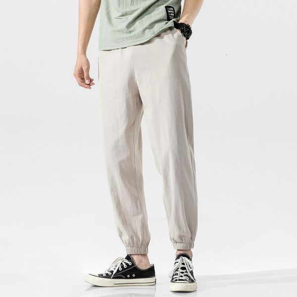 

2021 spring new chinese style men's solid color loose cotton and hemp capris large fashion casual pants, Black
