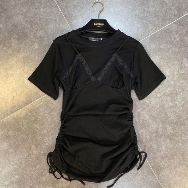 

2021 summer new arrival casual round collar short sleeve stitching lace side drawstring backless fashion dress women se139, Black;gray