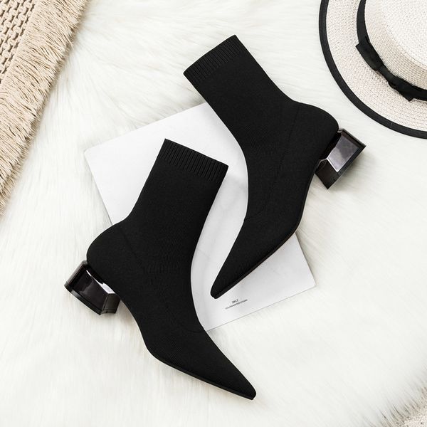 

fashion ankle elastic sock boots chunky high heels stretch women autumn booties pointed toe pump zapatos de mujer c0202, Black