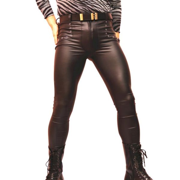 

men's pants men latex faux leather pvc gay skinny tight shiny pencil wet look leggings stage performance, Black