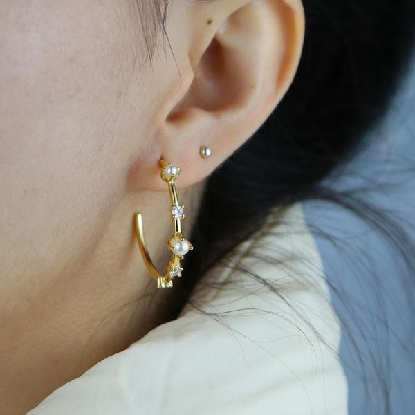 

hoop & huggie cz pearl earring wholesale simple geometric round circle promotion, Golden;silver