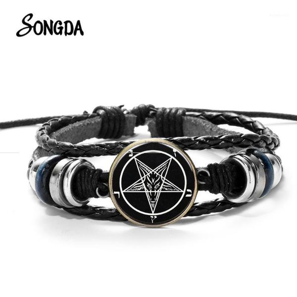 Cazibe bilezikleri kırmızı keçi kafa örgülü bilezik erkekler retro bronz pentagram desen deri bileklik Satanizm gotik stil1