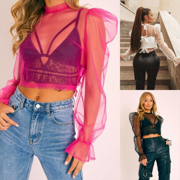 

fashion women sheer summer see through mesh long sleeve shirt blouse shirt pure color chiffon elegant cover up clothes, White