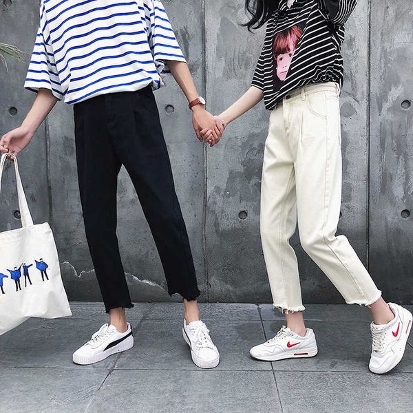 

jeans men's autumn trend irregular lace casual couple loose straight solid color capris 602, Blue