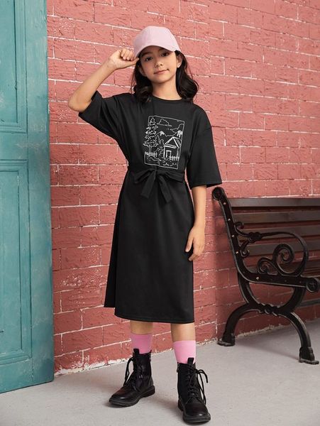 

girls drop shoulder graphic print belted dress she, Red;yellow