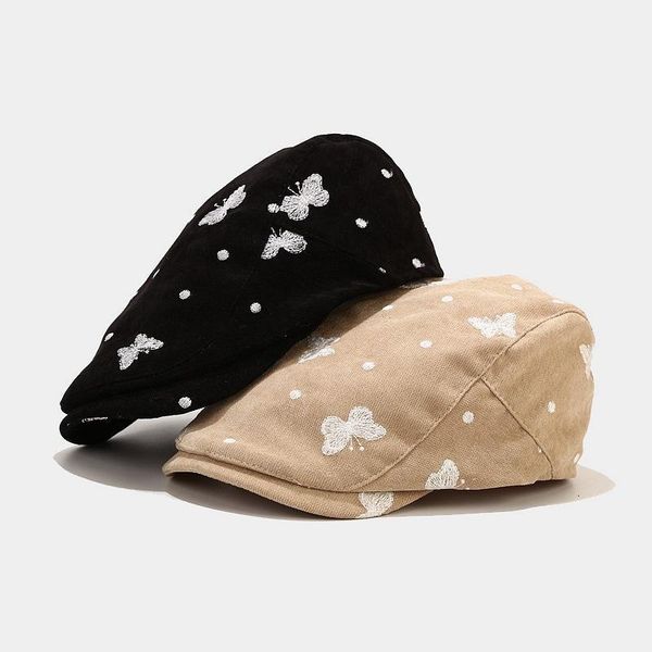 

2021 spring autumn berets hat women butterfly embroidery casual street artist painter cap headwear for women herringbone cap1, Blue;gray