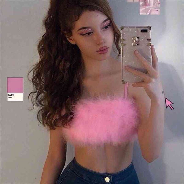 

fashion spaghetti straps pink feather crop women camisole sleeveless party club streetwear camis, White