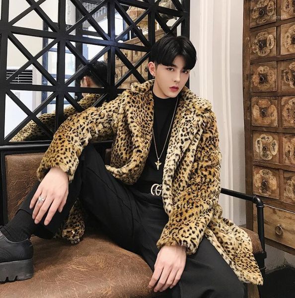 

mens trench coats man fur leopard print middle length coat men clothes personality thicken overcoat long sleeve1, Tan;black