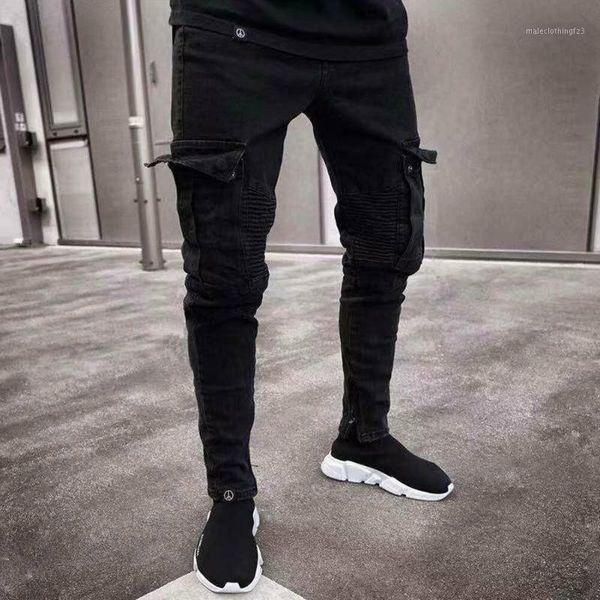 

men's pants fashion men's skinny denim destroyed frayed pencil male pockets slim fit cargo joggers trousers1, Black