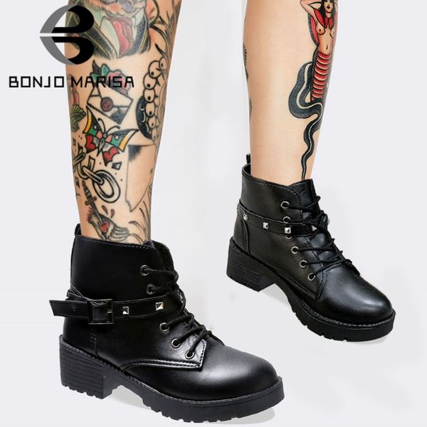 

bonjomarisa big size 40 ladies fashion buckle motocycle ankle boots rivet shoes lace square heel boots women winter shoes woman y1221, Black