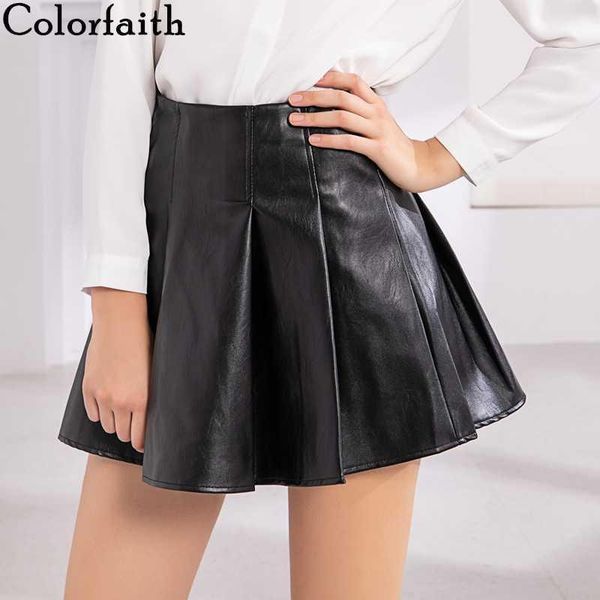 

colorfaith new 2020 women pu leather skirt autumn winter fashion pleated empire package hip mini skater skirt solid female sk0801, Black