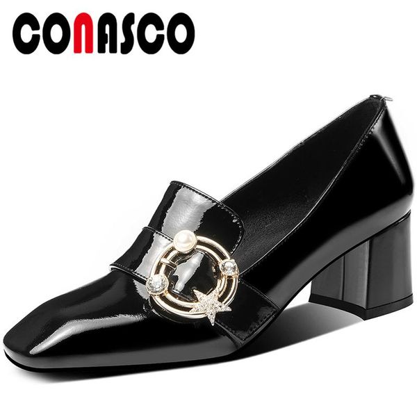 

conasco spring summer new fashion women pumps genuine leather shoes pearl metal decoration high heels office casual shoes woman, Black