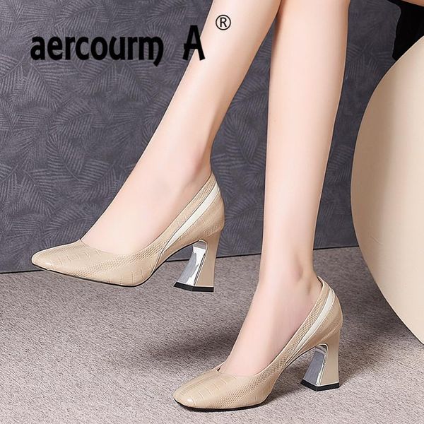 

aercourm a 2020 high heels women pumps natural genuine leather thick high heels shoes real leather bow square toe shoes lady man, Black