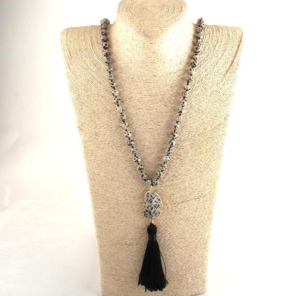 

md fashion jewelry natural dalmatian jasp long knotted black tassel necklaces for women necklace, Silver