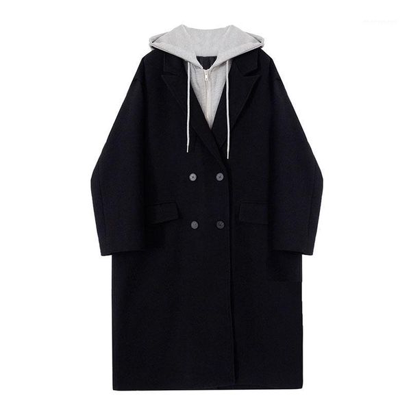 

superaen hooded two pieces of woolen coat women 2020 new winter hooded medium length solid black suit clothes1, Tan;black