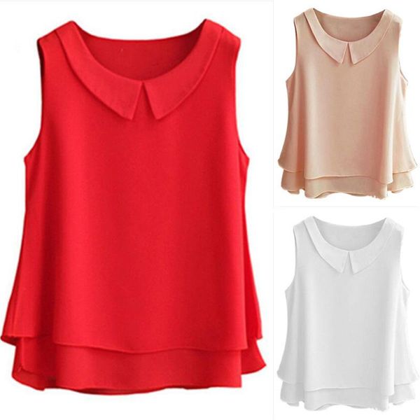 

large size blouse shirt women 2020 female solid color double layer chiffon shirts casual sleeveless loose plus size clothing, White