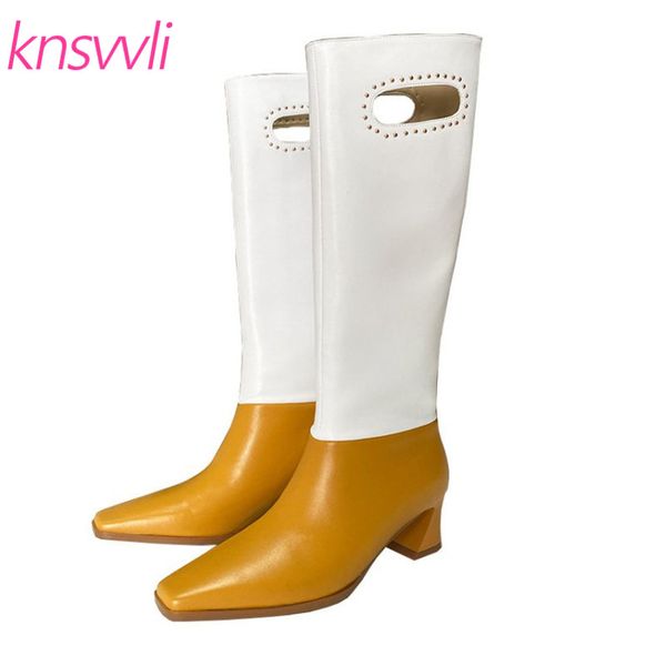 

runway hoof heels knee boots for women square toe leather hollow outs long knight boots woman rivets winter women's high, Black