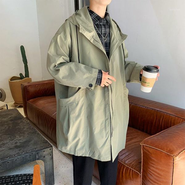

autumn thin windbreaker men's fashion solid color casual hooded coat men streetwear wild loose long jacket mens overcoat -2xl1, Tan;black