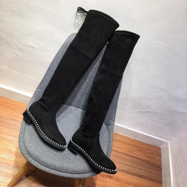 

новая горячая обувь продажи зима женщины более-колено струнного бисер женщина boots flock med каблуки круглого toe boots zapatos de mujer, Black