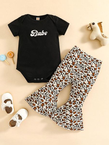 

baby letter graphic bodysuit & leopard flare leg pants she, White