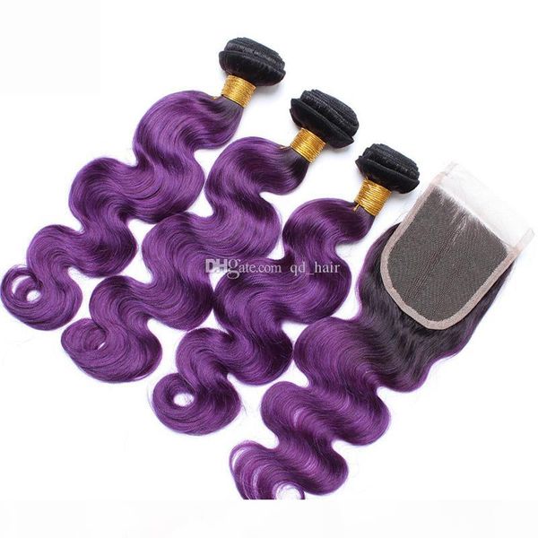 

4x4 lace closure with ombre purple hair 3 bundles 1b purple body wave human hair weaves with lace closure 4pcs lot, Black
