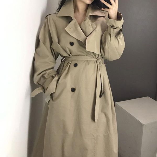 

women autumn trench coats plus size long coats windbreaker, Tan;black