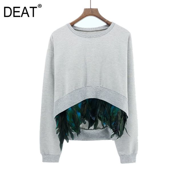 

[deat] 2020 new autumn fashion sweatshirt women full sleeve round collar over size feather stitching design casual tide lj201102, Black
