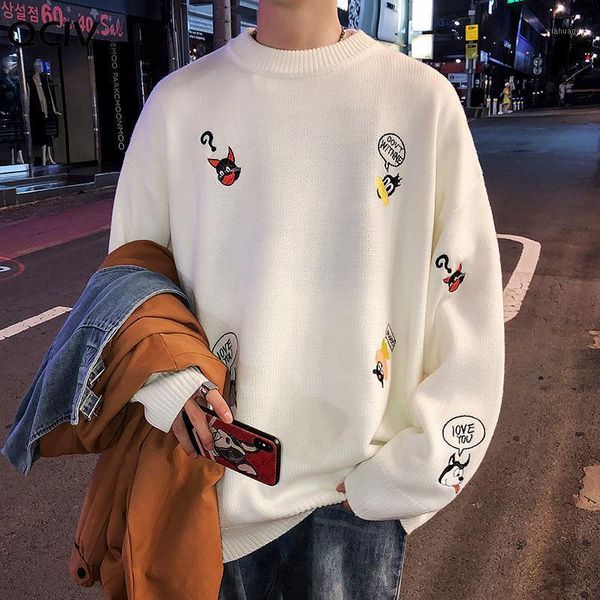 

men's autumn sweater cartoon sweater lazy wind long sleeve with knitwear1, White;black